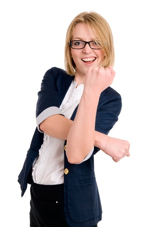 Young businesswoman woman gesturing with her fist, isolated over whiteの写真素材
