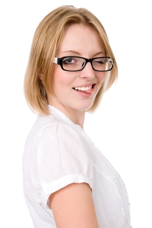 Girl with glasses shows tongue and winks.isolated on white backgroundの写真素材