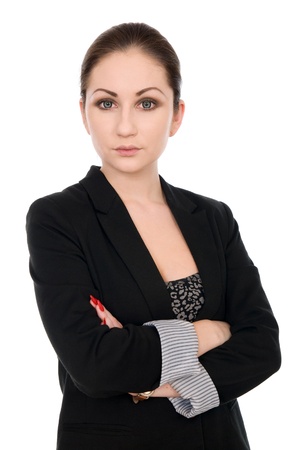Portrait of a beautiful young business woman thinking against white backgroundの写真素材
