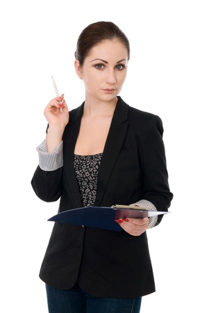 Portrait of the business woman with folder.Woman holding pen in her handの写真素材