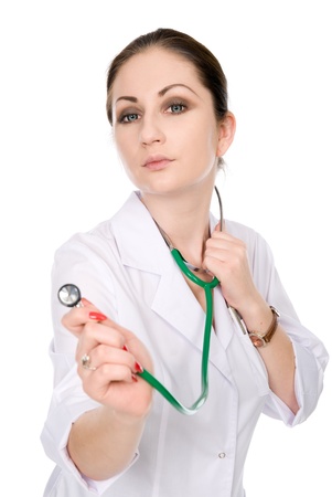 Closeup portrait of a female doctor with stethoscope,isolated on white backgroundの写真素材