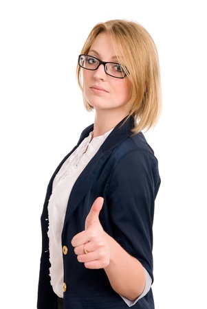 Smiling business woman gesture shows okay isolated over white backgroundの写真素材