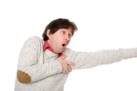 Portrait of emotional man with outstretched hand toward. isolated over white