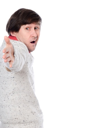 A strange man with outstretched hand on a white backgroundの写真素材