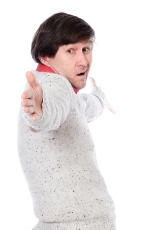 Man with open arms on white backgroundの写真素材