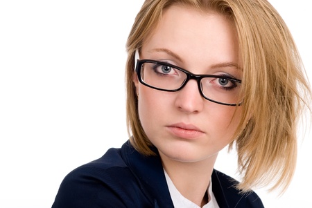 Close-up portrait of thoughtful business woman. Isolated on white backgroundの写真素材