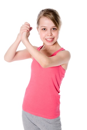 Friendship. The girl joined hands in a fist. Isolated on white backgroundの写真素材