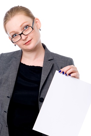 Copy space woman happy holding blank sign. Isolated on white backgroundの写真素材