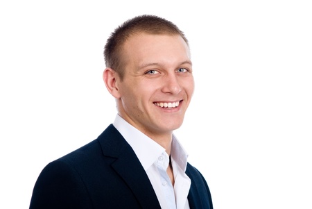 Closeup portrait of happy young businessman. isolated white backgroundの写真素材