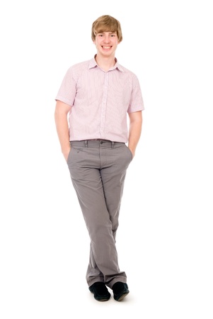 Happy smiling young man standing full length isolated on white backgroundの写真素材