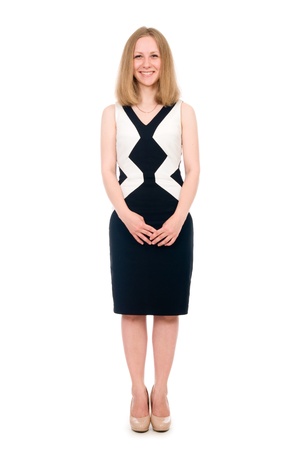 Young smiling business woman in full length. Isolated on white backgroundの写真素材