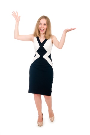 Young happy girl with hands up, isolated on whiteの写真素材