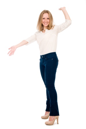 beautiful young student waving her hand. isolated over white backgroundの写真素材