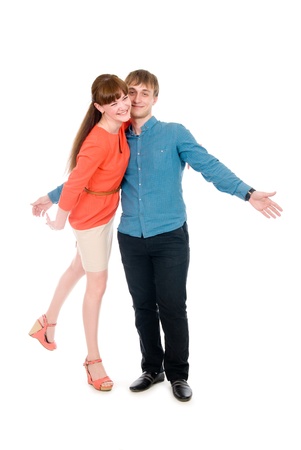 Funny active love a guy with a girl isolated on white backgroundの写真素材
