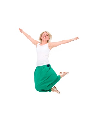Happy jumping girl. Isolated on white background.の写真素材