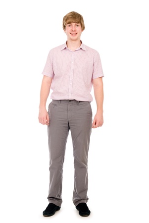 Happy young man standing full length isolated on white backgroundの写真素材