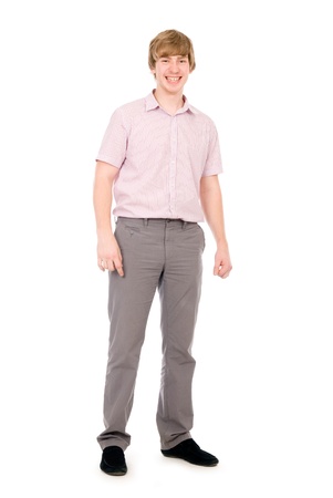 Happy young man standing full length isolated on white backgroundの写真素材
