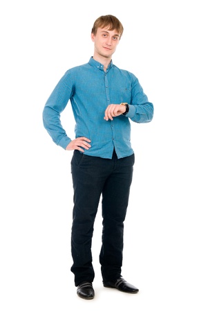 Portrait of a young man with a clock. Isolated on white backgroundの写真素材
