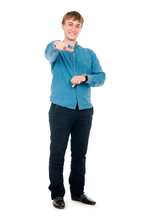 Portrait of a young man with a clock. Shows a finger at the camera. Isolated on white backgroundの写真素材