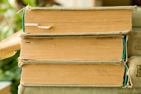 Close-up of old books in a library.の写真素材