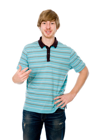 Young man talking and gesturing isolated on white backgroundの写真素材