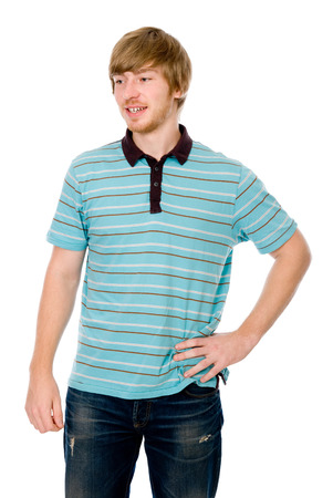 A young man talking and looking to the side. Isolated on white backgroundの写真素材