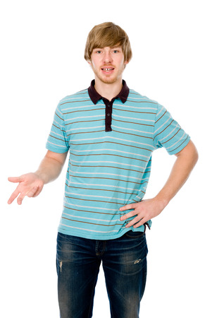 Young man talking and gesturing isolated on white backgroundの写真素材