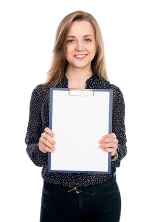 Beautiful business woman with a white banner. Isolated on a white background.の写真素材