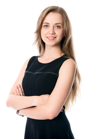 Beautiful business woman looking into the camera. Isolated on white backgroundの写真素材