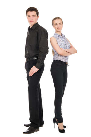 Business man and woman isolated on white background. Teamwork concept. Young people in full-length back to backの写真素材