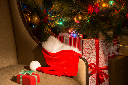 Festive Christmas, New Year's interior with presents and santa hat. horizontal imageの写真素材