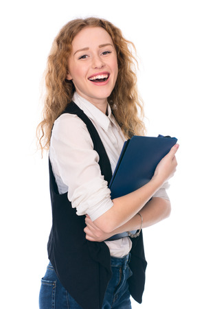 Portrait of happy young business woman isolated on white .の写真素材