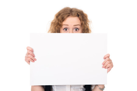 Business woman isolated portrait . Girl show big blank board.の写真素材
