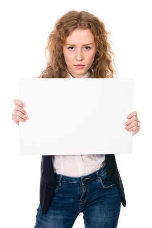 Business woman isolated portrait . Girl show big blank board.の写真素材
