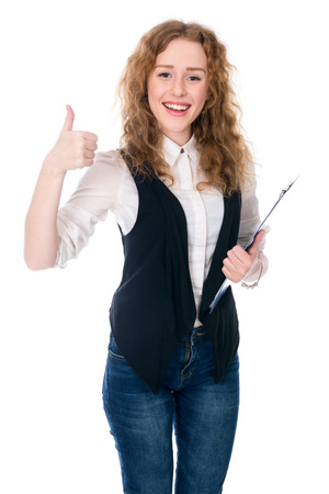 Smiling business woman thumb up show. isolated white backgroundの写真素材