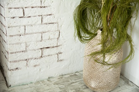 Vase with green branches on the floor. Brick wall and place for an inscriptionの写真素材