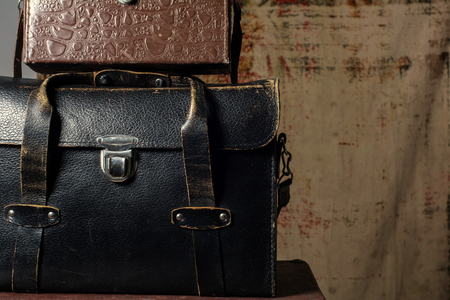 Leather suitcases old photographer. Background Traveller distant countriesの写真素材