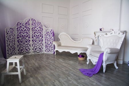 Interior in retro style with light furniture and walls.の写真素材