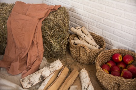 Hay and birch firewood, a basket of apples indoors on the floor against a light wall in a country houseの写真素材