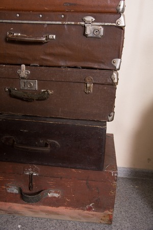 Vintage leather suitcases for travel. Retro travel baggageの写真素材
