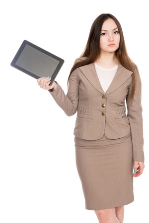 Woman using digital tablet computer PC isolated on white background. Tablet computer.の写真素材