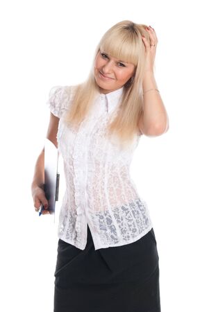 Young business woman with a tablet for writing. Secretary in a light blouse isolated over a white backgroundの写真素材