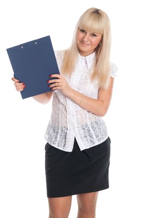 Young business woman with white hair with a tablet for writing. Secretary in a light blouse isolated over a white backgroundの写真素材