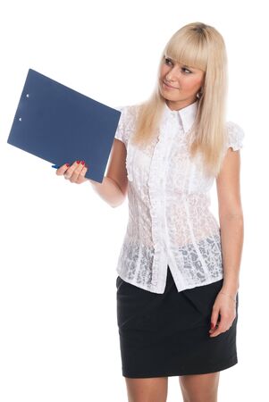 Young business woman with white hair with a tablet for writing. Secretary in a light blouse isolated over a white backgroundの写真素材