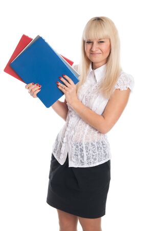 Young woman with business folders. Secretary isolated over white backgroundの写真素材