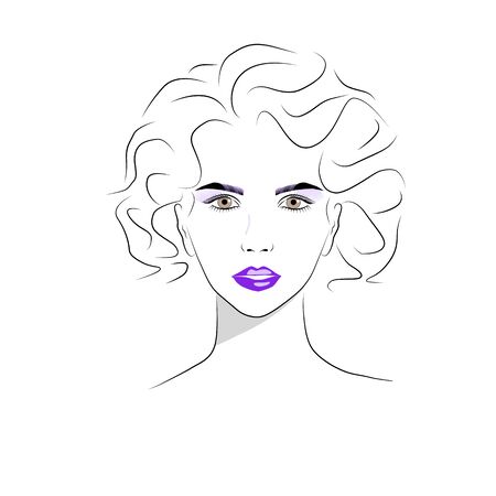Beautiful young woman face with nude make-up hand drawn vector illustration. Graphic, sketch drawing.のイラスト素材