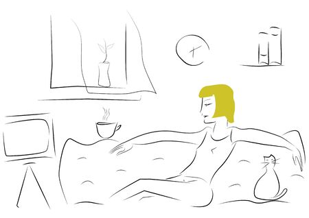 Woman sitting on a sofa at home in isolation. Vector illustration of girl looking at the TV with cat.のイラスト素材