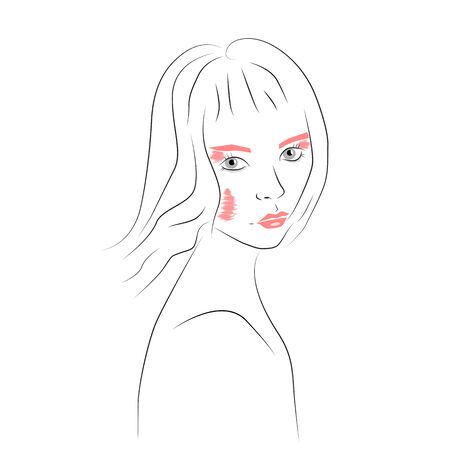 Beautiful woman face with nude make-up hand drawn vector illustration. Graphic, sketch drawing. Stylish original graphics portrait with beautiful young attractive girl modelのイラスト素材