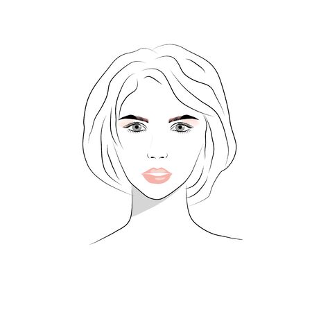 Beautiful young woman face with nude make-up hand drawn vector illustration. Graphic, sketch drawing.のイラスト素材