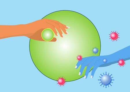 Human hand with a vaccine and a blue hand with viruses and a green ball on a blue background. Depicting a pandemic.のイラスト素材